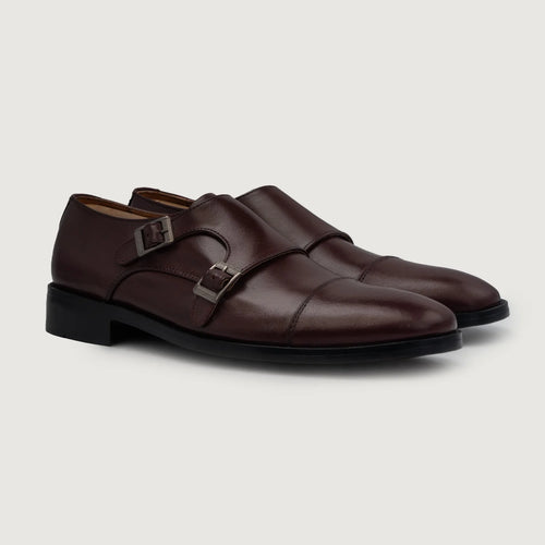 Boston Double Monk Strap Maroon Leather Shoes For Men in Maroon Full-Grain Leather - Lateral Side Profile View | Buy Online
