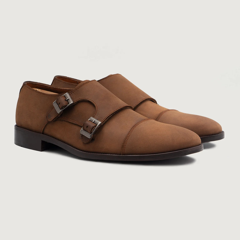 Boston Double Monk Strap Oil Pull-up Marron Leather Shoes pour Homme
