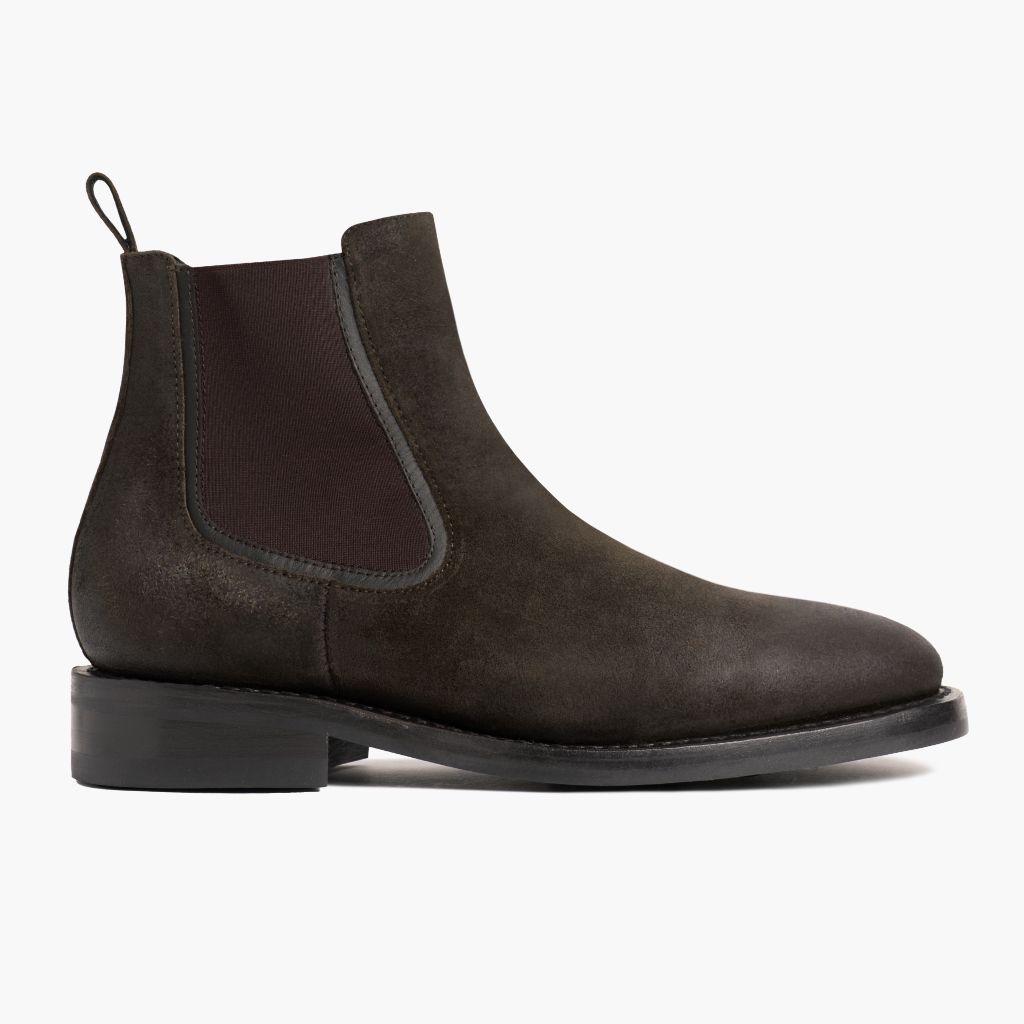 Olive Goatskin Suede Leather Boots - Montage cousu Goodyear & détail de l'embout avant