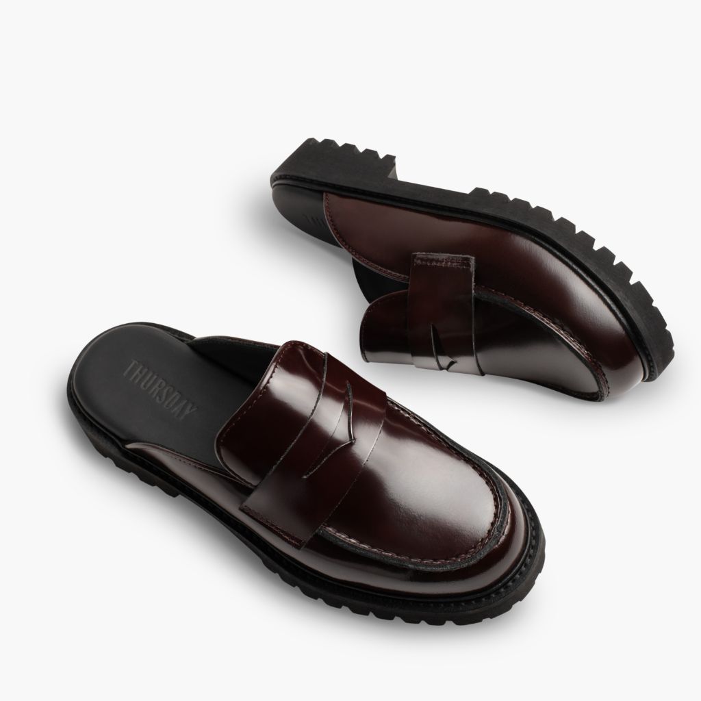 High-Traction Rubber Outsole & Lug Tread Pattern on Penny Mule Bourgogne Bottines en cuir pour Femme