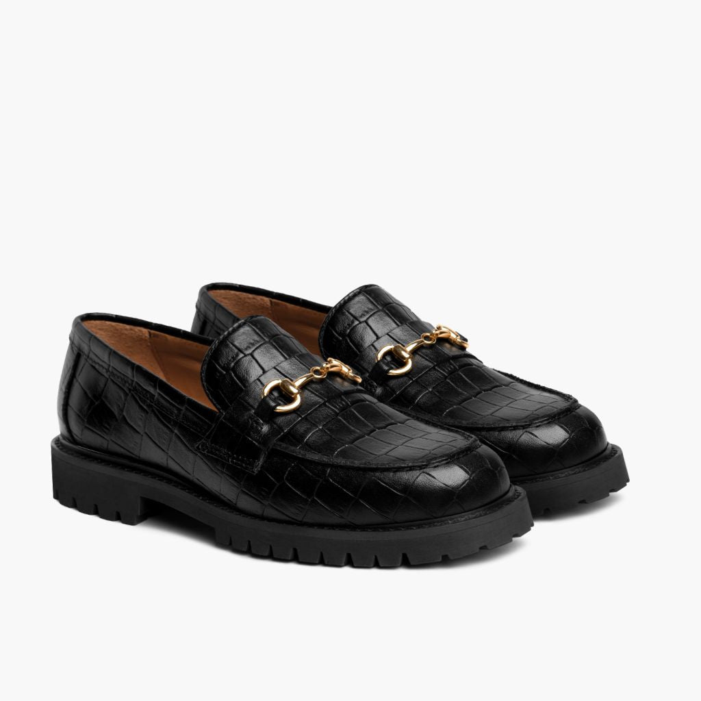 Penny Noir & Gold Croco Mocassins en cuir pour Femme en cuir de vachette noir véritable - Vue de profil | Acheter en ligne