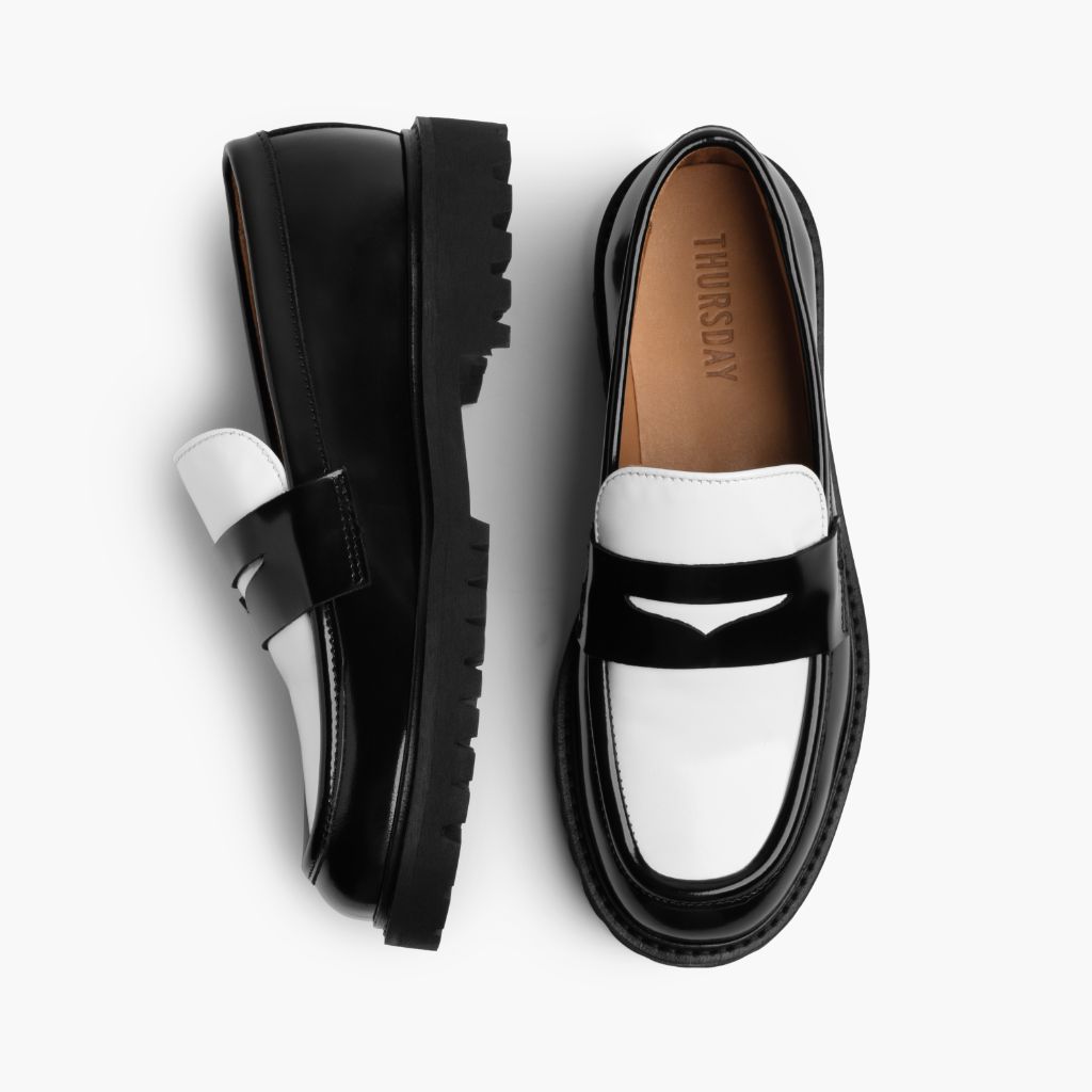 Penny Noir & Blanc Mocassins en cuir pour Femme - Contrefort de talon renforcé & surpiqûres doubles de précision
