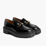 Women's Penny Platform Black & Gold Leather Loafers in Black Full-Grain Leather - Lateral Side Profile View | Buy Online