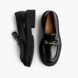 Women's Penny Platform Black & Gold Leather Loafers - Reinforced Heel Counter & Precision Double-Row Stitching Detail