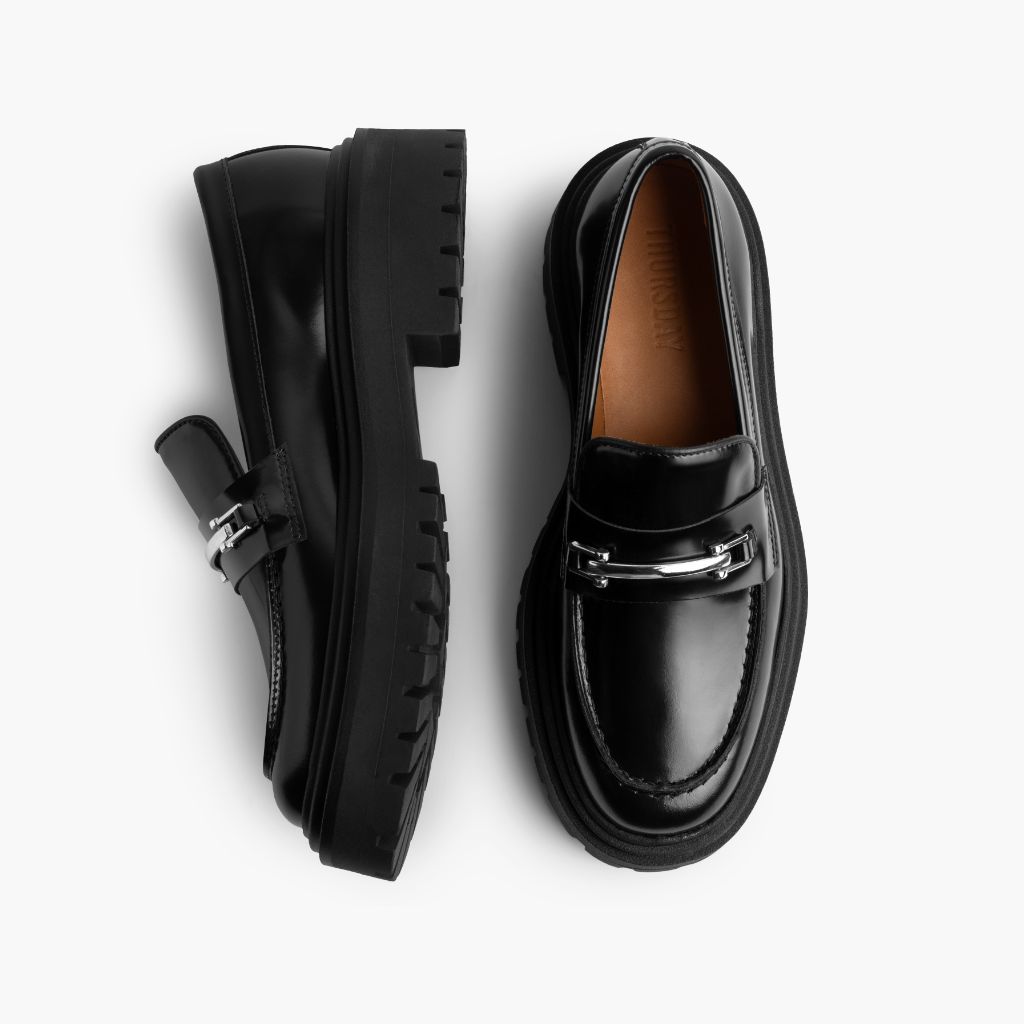 Penny Platform Noir & Silver Mocassins en cuir pour Femme - Contrefort de talon renforcé & surpiqûres doubles de précision
