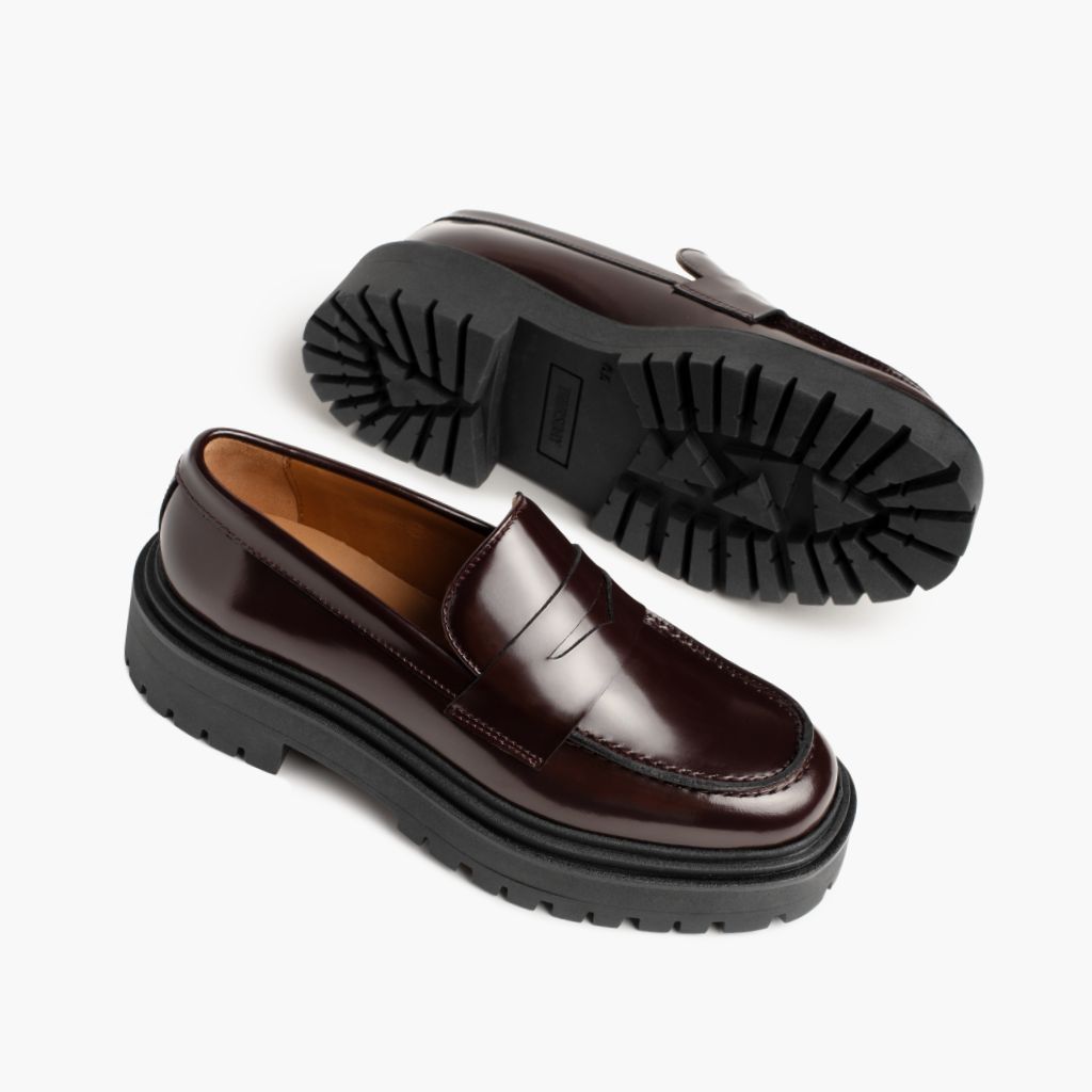 High-Traction Rubber Outsole & Lug Tread Pattern on Penny Platform Bourgogne Bottines en cuir pour Femme