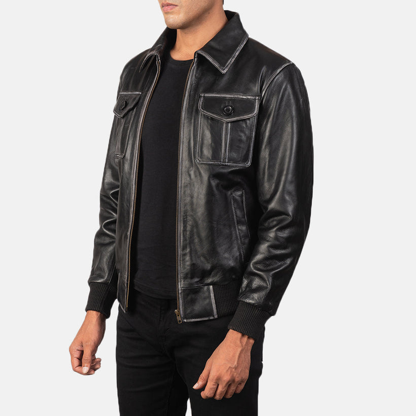 Aaron Noir Blouson Bomber en Cuir pour Homme