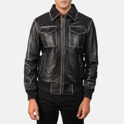 Vue détaillée of High Neck &amp; Zipper Hardware on Men's Aaron Distressed Black Leather Bomber Jacket