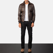 Vue détaillée of High Neck &amp; Zipper Hardware on Men's Aaron Distressed Brown Leather Bomber Jacket