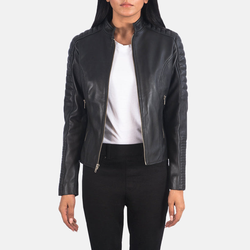 Adalyn Matelassé Noir Veste Motard en Cuir pour Femme