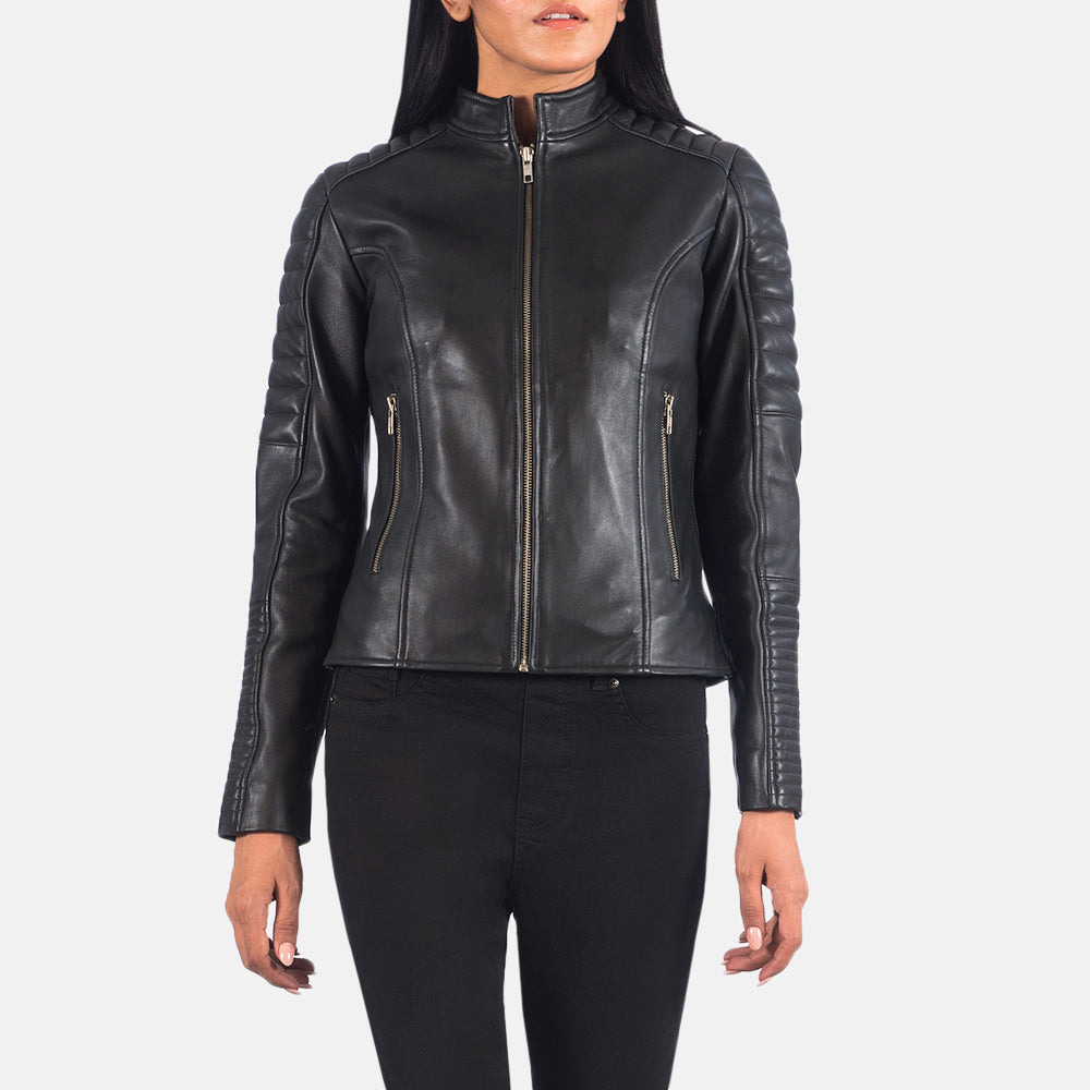 
Black Sheepskin Leather Biker Jacket - Vue arrière montrant la carrure ajustée et l'ourlet net