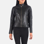 
Black Sheepskin Leather Biker Jacket - Vue arrière montrant la carrure ajustée et l'ourlet net