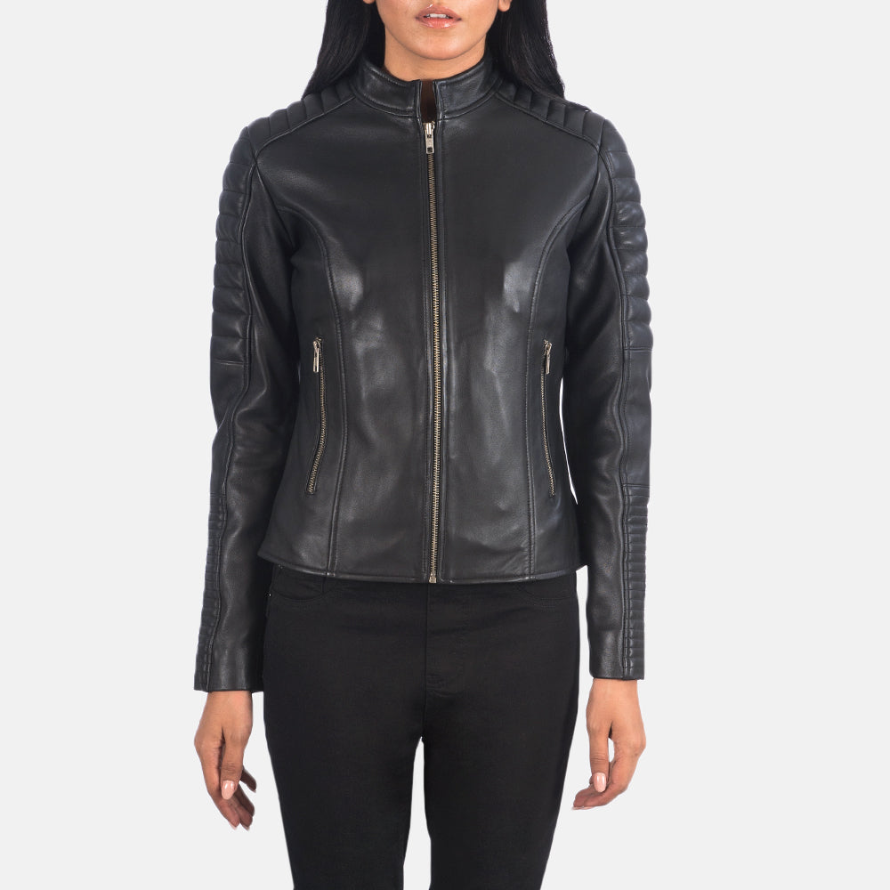 
Vue détaillée of Band & Zipper Hardware on Adalyn Matelassé Noir Veste Motard en Cuir pour Femme