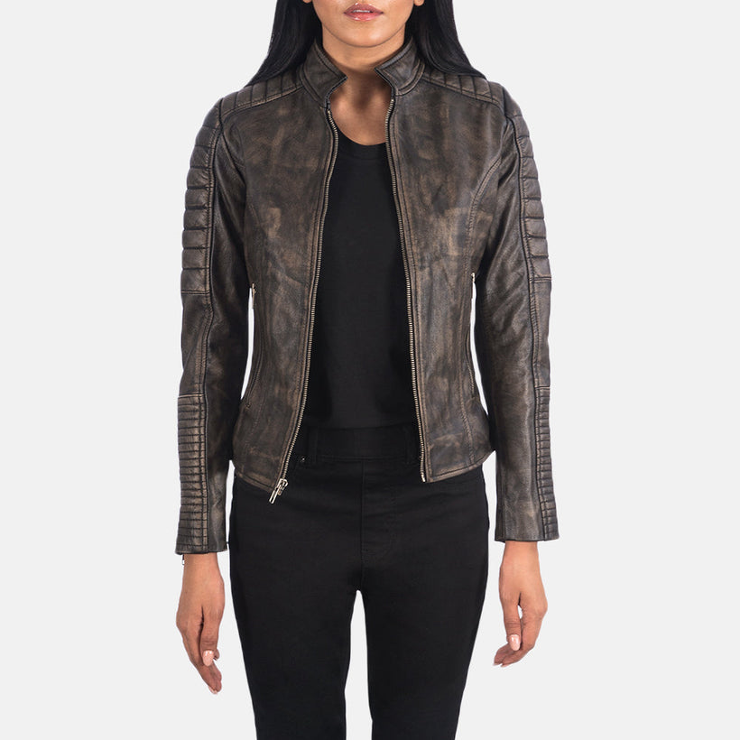 Adalyn Matelassé Patine Usée Marron Veste Motard en Cuir pour Femme