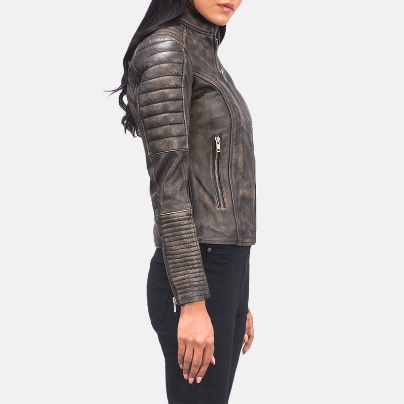 Adalyn Matelassé Patine Usée Marron Veste Motard en Cuir pour Femme