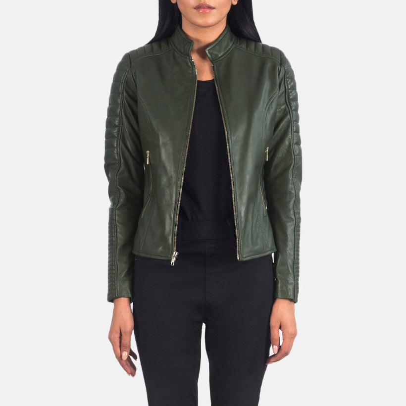 Adalyn Matelassé Vert Veste Motard en Cuir pour Femme