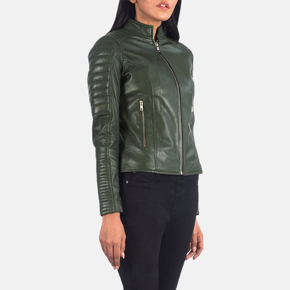 Green Sheepskin Leather Biker Jacket - Vue de dos avec coupe ajustée aux épaules &amp; ourlet soigné