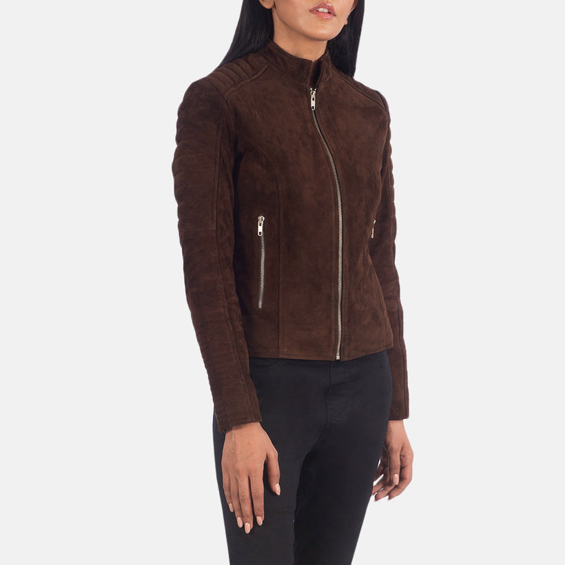 Adalyn Matelassé Mocha Suede Veste Motard en Cuir pour Femme