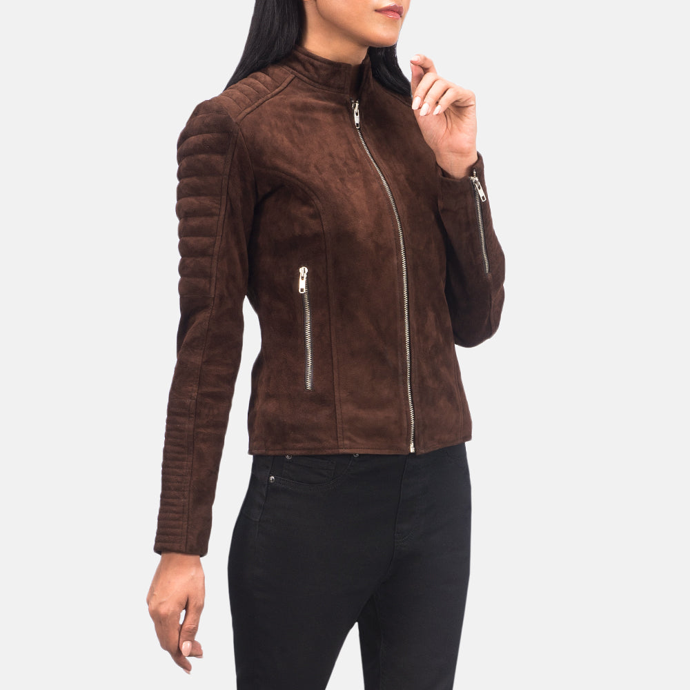 Women's Adalyn Matelassé Mocha Suede Veste Motard en Cuir pour Femme - Vue de profil avec coupe de manche ergonomique