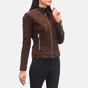 Women's Adalyn Matelassé Mocha Suede Veste Motard en Cuir pour Femme - Vue de profil avec coupe de manche ergonomique