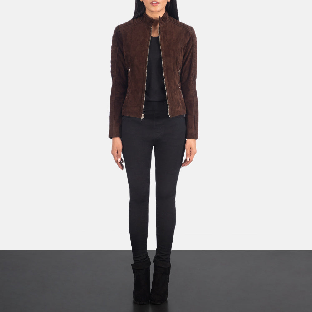 Vue détaillée of Band &amp; Zipper Hardware on Women's Adalyn Matelassé Mocha Suede Veste Motard en Cuir pour Femme