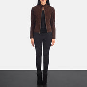 Vue détaillée of Band &amp; Zipper Hardware on Women's Adalyn Matelassé Mocha Suede Veste Motard en Cuir pour Femme