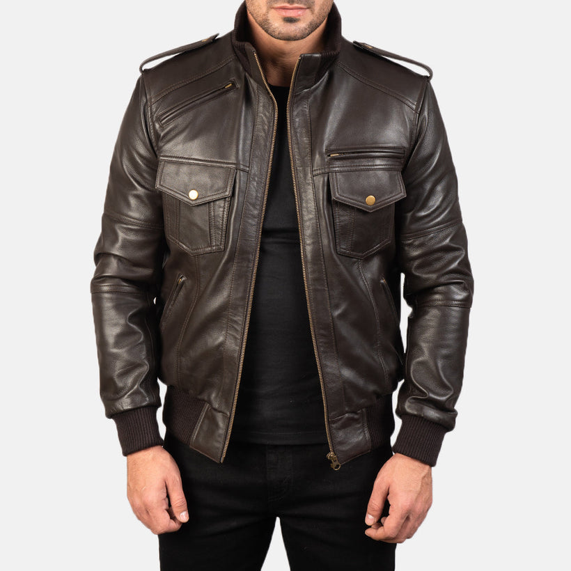 Agent Shadow Marron Blouson Bomber en Cuir pour Homme