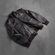 
Rib knit & Hem Craftsmanship Construction Detail on Agent Shadow Marron Blouson Bombardier en Cuir pour Homme