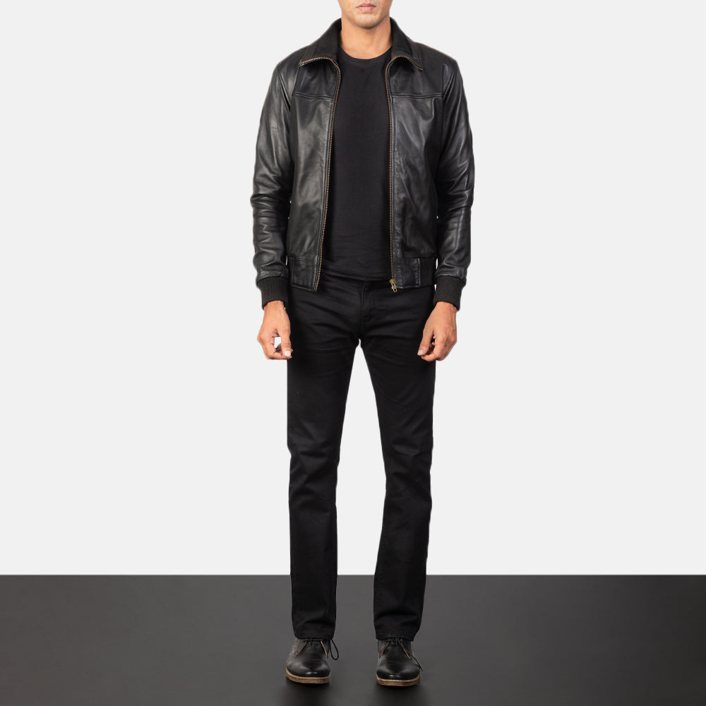 Men's Air Rolf Noir Blouson Bomber en Cuir pour Homme - Vue de profil avec coupe de manche ergonomique