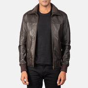 Air Rolf Mocha Brown Leather Bomber Jacket in Dark Brown Sheepskin Leather - Vue de face &amp; silhouette ajustée | Acheter en ligne
