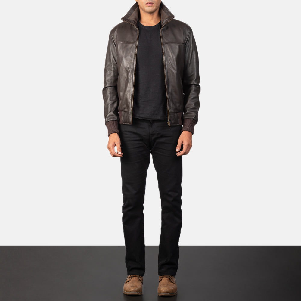 Vue détaillée of Rib Knit &amp; Zipper Hardware on Air Rolf Mocha Brown Leather Bomber Jacket
