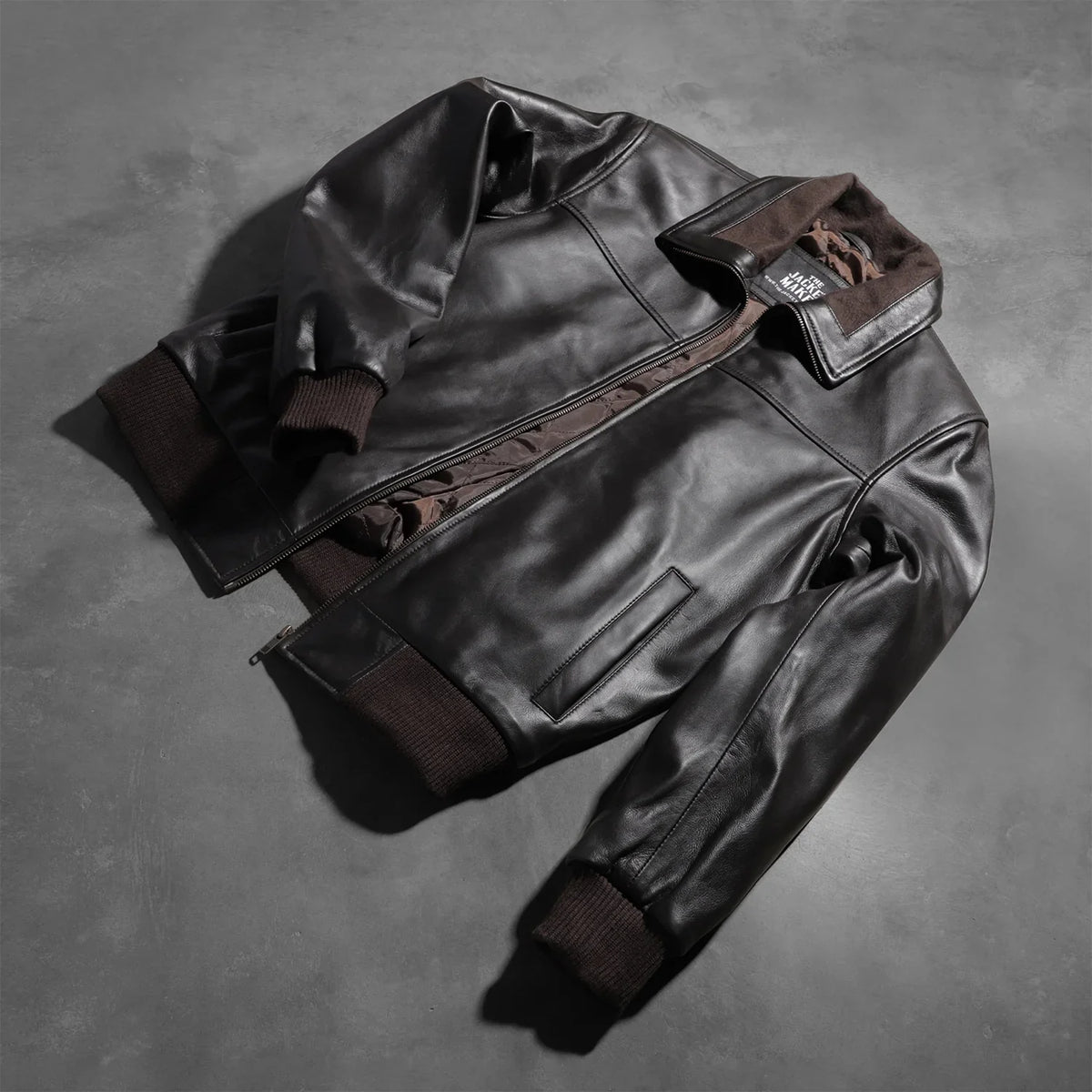 Rib Knit &amp; Hem Craftsmanship Construction Detail on Air Rolf Mocha Brown Leather Bomber Jacket