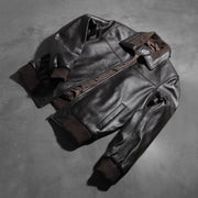 Rib Knit &amp; Hem Craftsmanship Construction Detail on Air Rolf Mocha Brown Leather Bomber Jacket