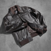 Perspective portée de Air Rolf Mocha Brown Leather Bomber Jacket sur modèle - Tombé naturel à la lumière du jour