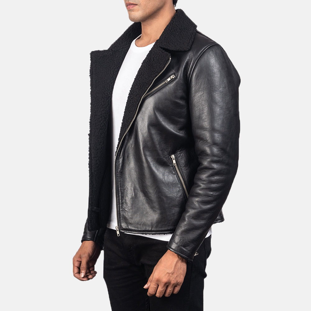Black Sheepskin Leather Biker Jacket - Vue de dos avec coupe ajustée aux épaules &amp; ourlet soigné