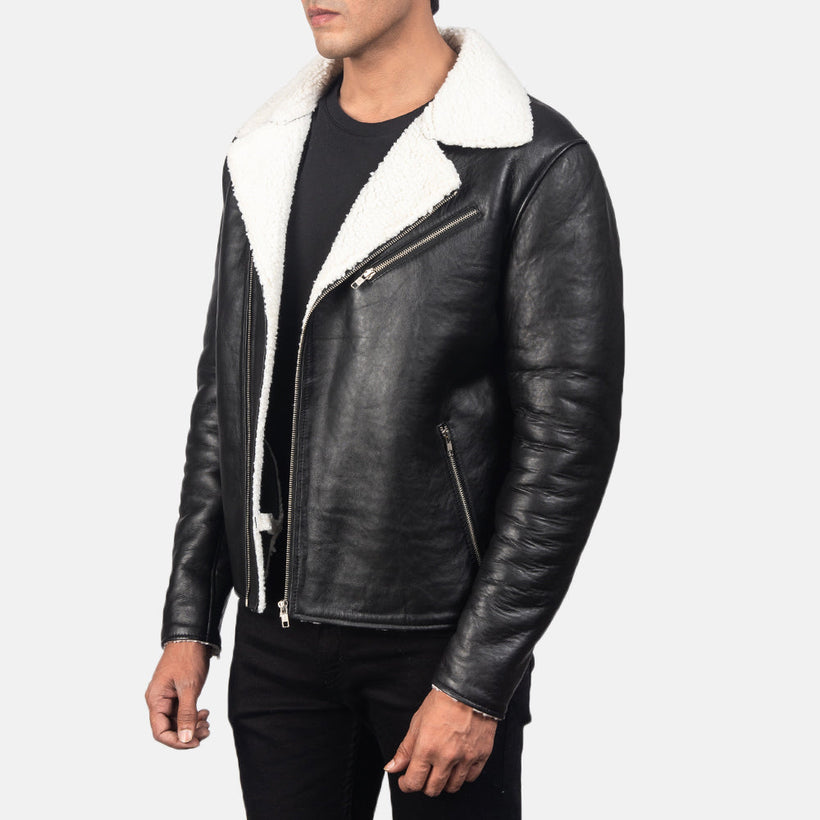 Alberto Blanc Shearling Noir Veste en Cuir pour Homme