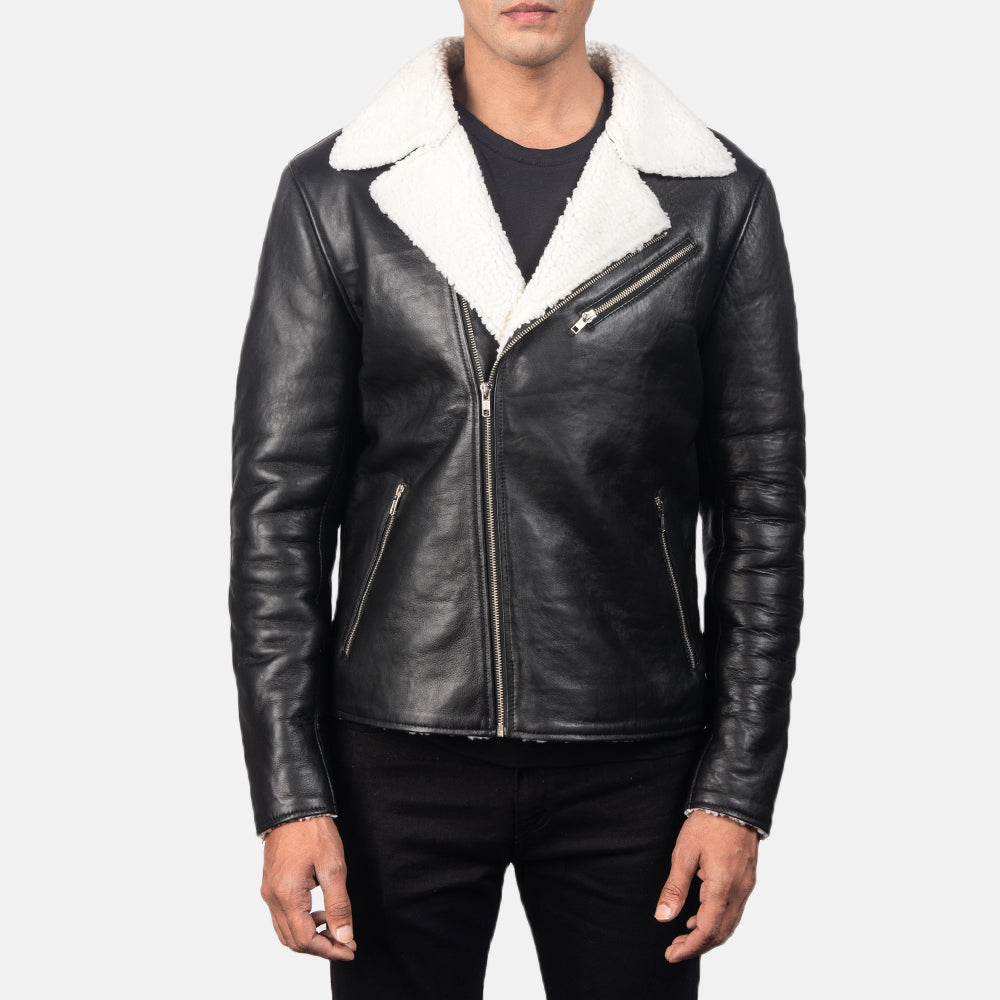 Men's Alberto Blanc Shearling Noir Veste en Cuir pour Homme - Vue de profil avec coupe de manche ergonomique