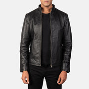 Men's Alex Black Leather Biker Jacket in Black Cowhide Leather - Vue de face &amp; silhouette ajustée | Acheter en ligne