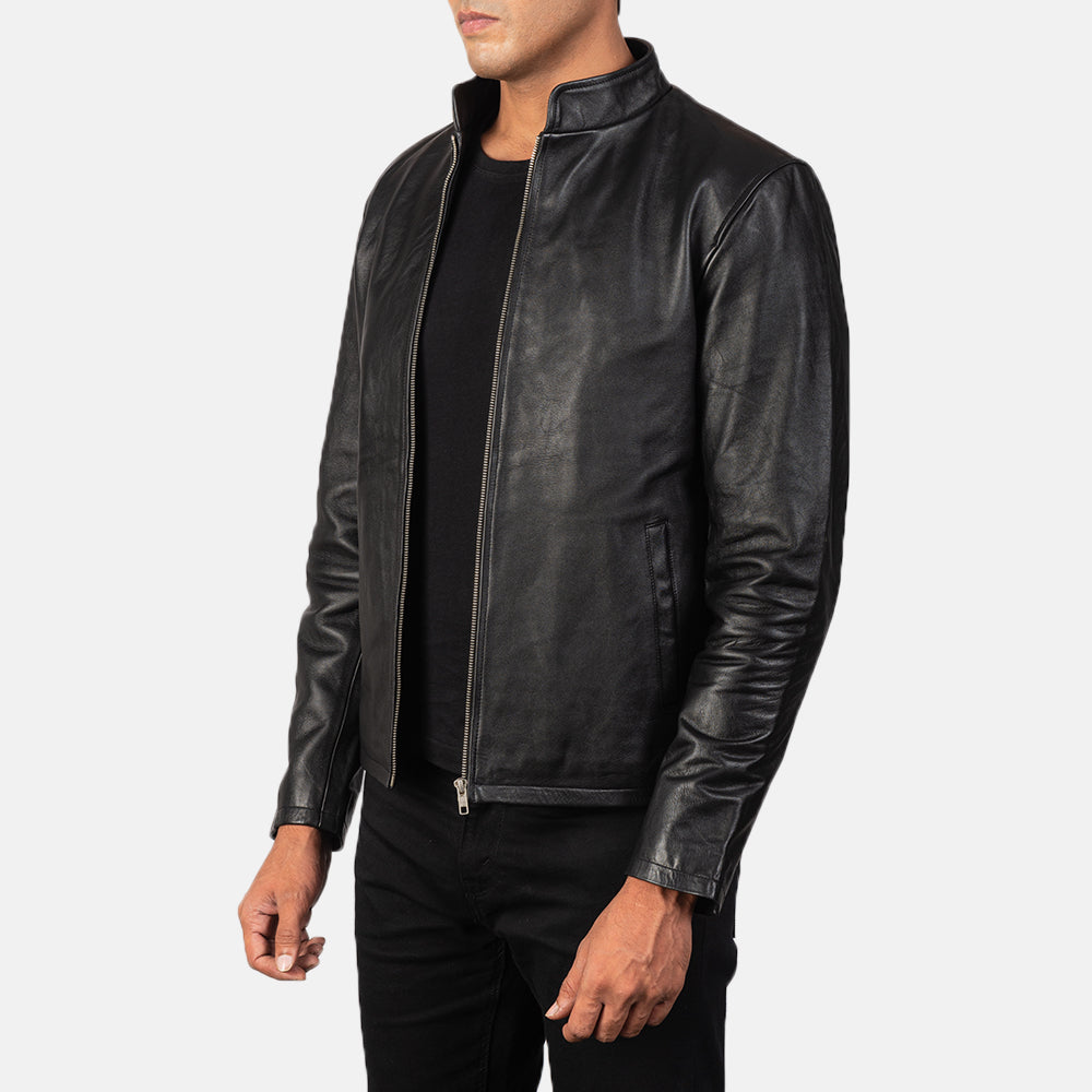 Black Cowhide Leather Biker Jacket - Vue de dos avec coupe ajustée aux épaules &amp; ourlet soigné