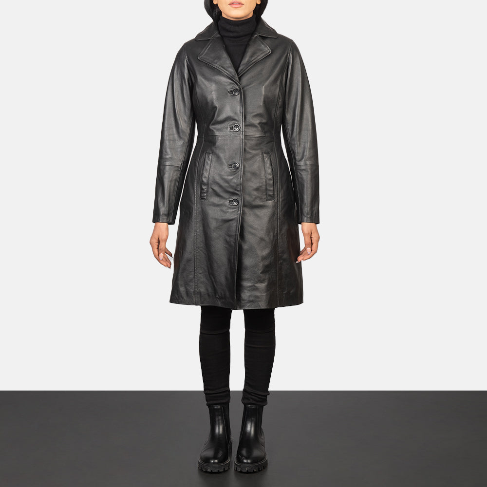 
Alexis Noir Single Breasted Manteau en Cuir pour Femme in Black Cowhide Leather - Vue de face & silhouette ajustée | Acheter en ligne