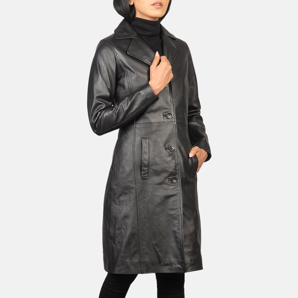 
Black Cowhide leather Coat - Vue arrière montrant la carrure ajustée et l'ourlet net