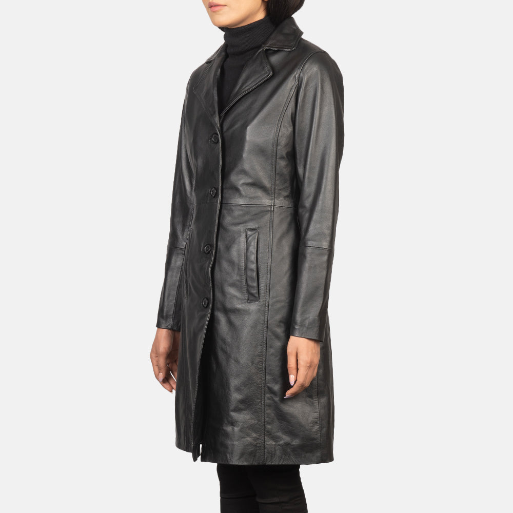 
Alexis Noir Single Breasted Manteau en Cuir pour Femme - Vue de profil mettant en valeur la coupe de manche ergonomique