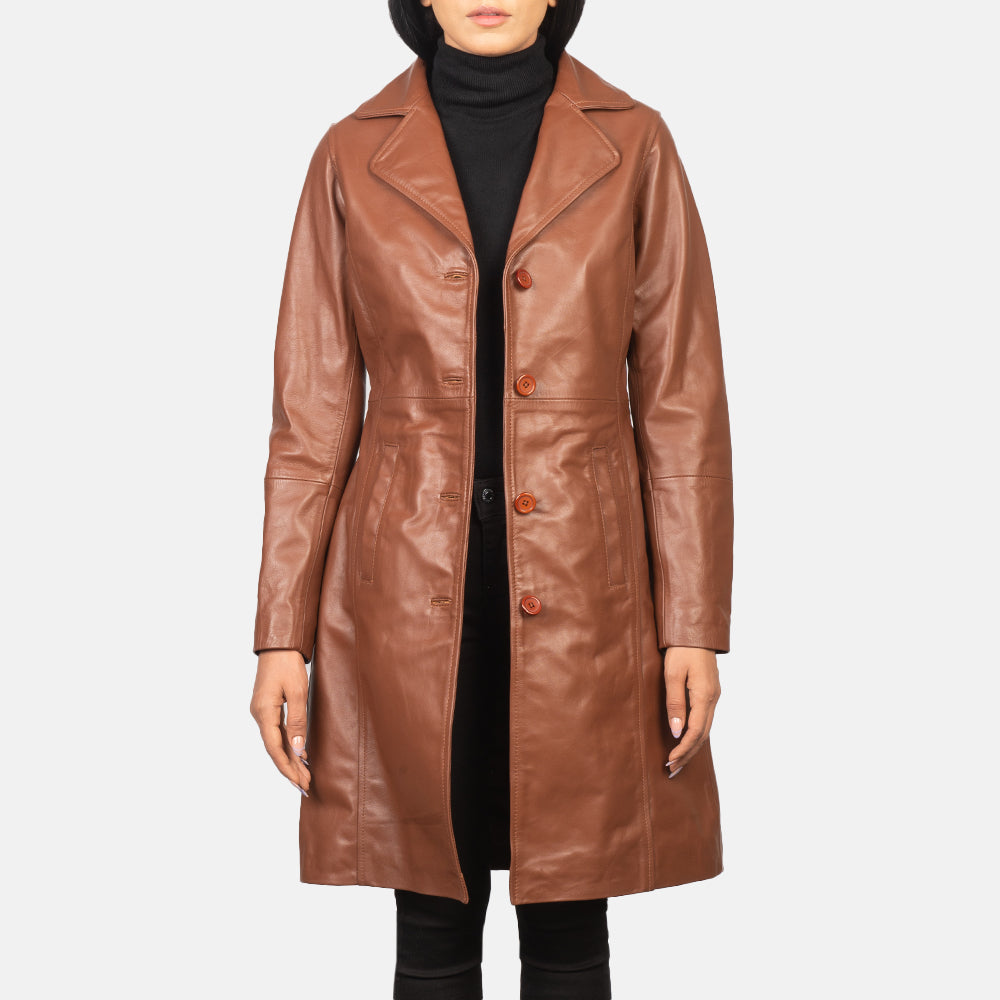 Women's Alexis Marron Single Breasted Manteau en Cuir pour Femme in Brown Cowhide Leather - Vue de face &amp; silhouette ajustée | Acheter en ligne