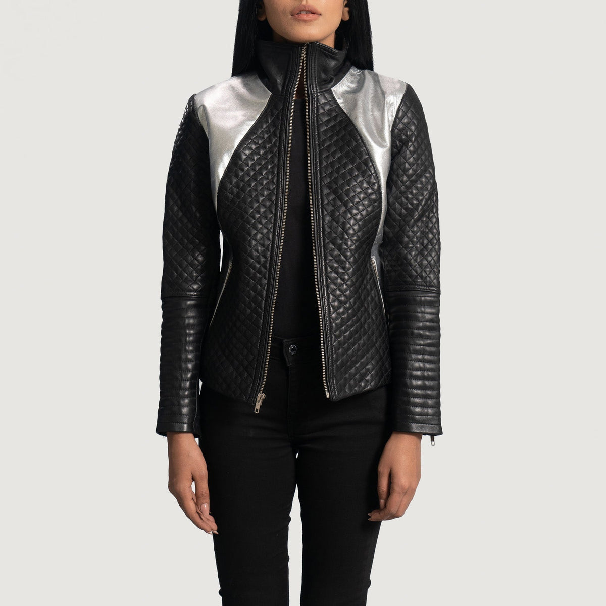 Women's Alia Metallic Noir Veste Motard en Cuir pour Femme in Black Sheepskin Leather - Vue de face &amp; silhouette ajustée | Acheter en ligne