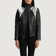 Women's Alia Metallic Noir Veste Motard en Cuir pour Femme in Black Sheepskin Leather - Vue de face &amp; silhouette ajustée | Acheter en ligne