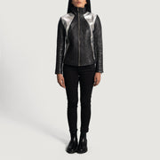 Vue détaillée of High Neck &amp; Zipper Hardware on Women's Alia Metallic Noir Veste Motard en Cuir pour Femme
