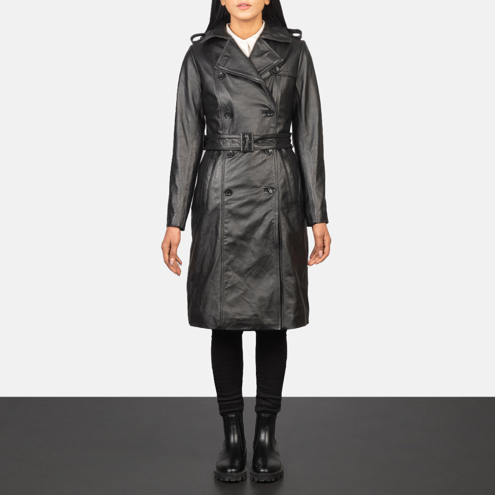Women's Alice Black Double Breasted Leather Coat in Black Cowhide Leather - Vue de face &amp; silhouette ajustée | Acheter en ligne