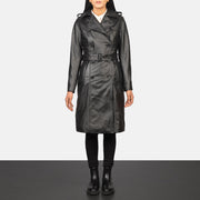 Women's Alice Black Double Breasted Leather Coat in Black Cowhide Leather - Vue de face &amp; silhouette ajustée | Acheter en ligne
