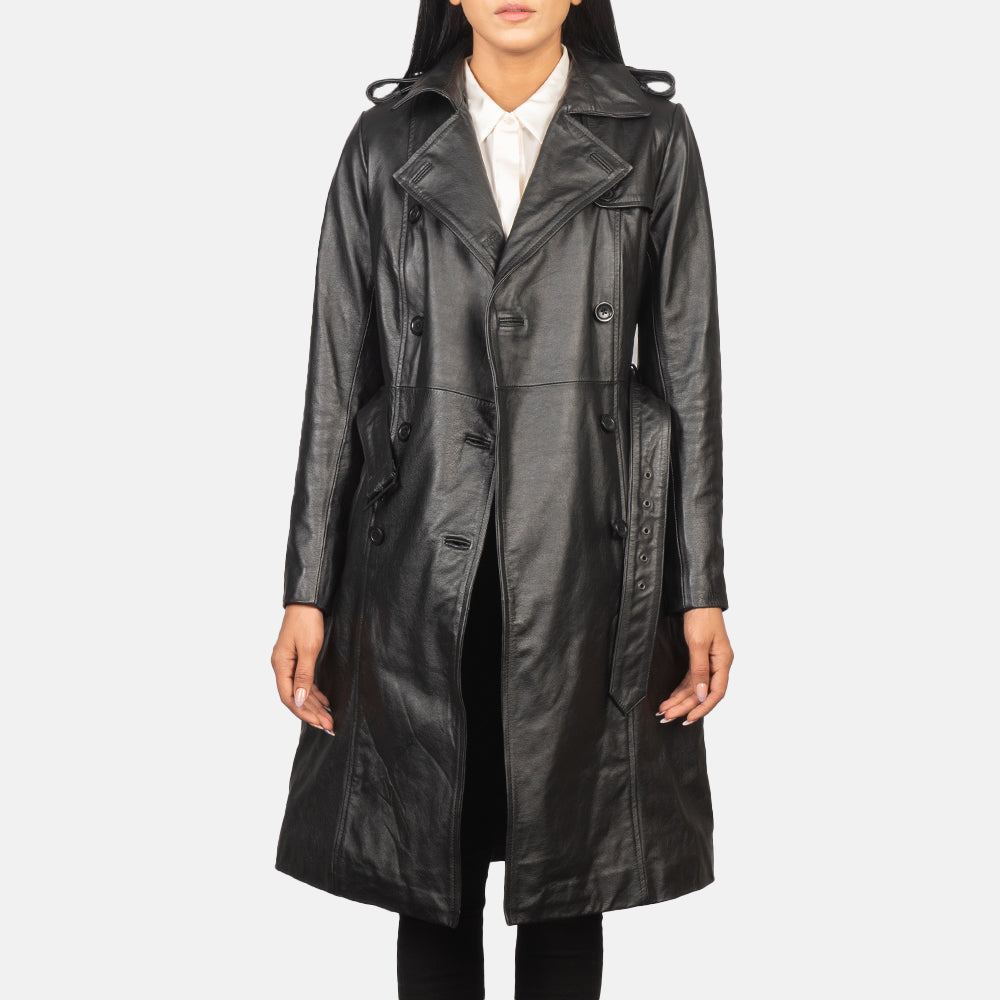 Women's Alice Black Double Breasted Leather Coat - Vue de profil avec coupe de manche ergonomique