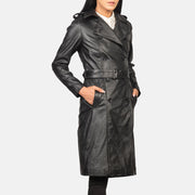 Vue détaillée of Notch &amp; Buttons Hardware on Women's Alice Black Double Breasted Leather Coat